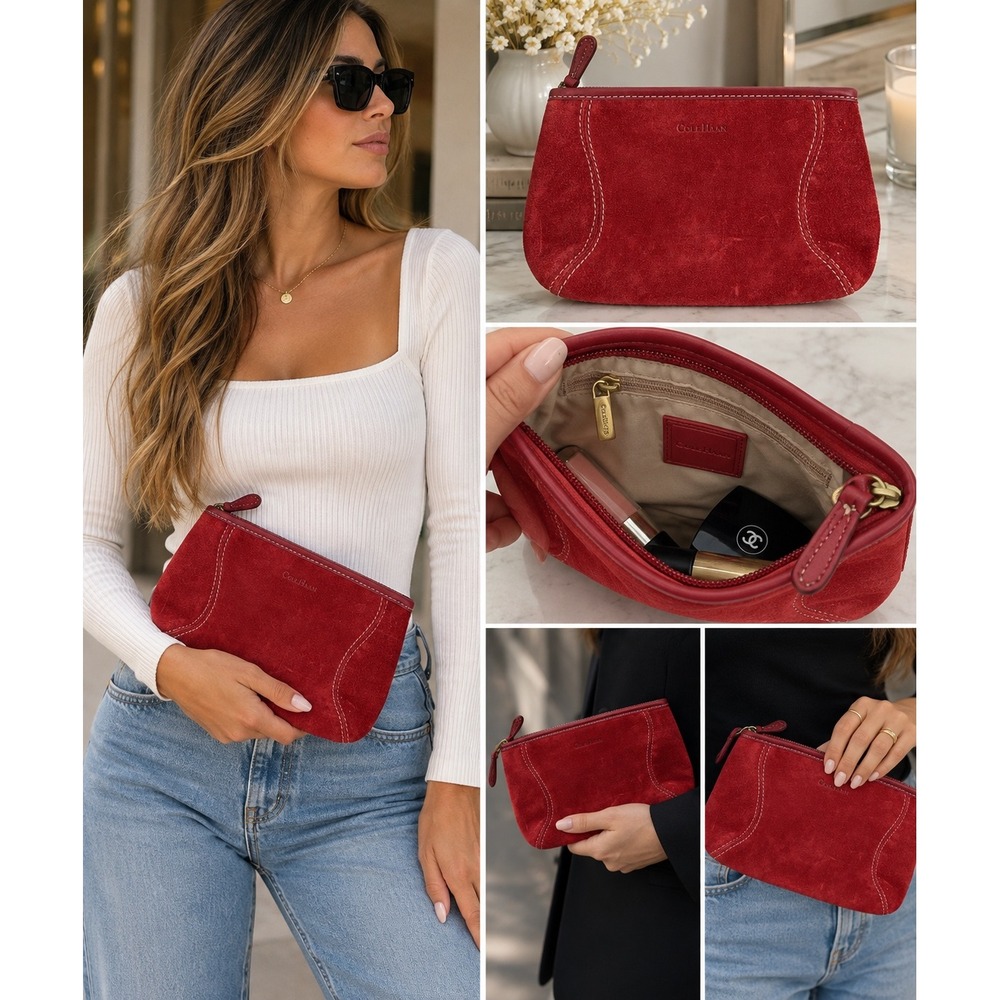 Cole Haan Red Suede Small Zip Pouch Cosmetic Bag Clutch Leather Trim Gold